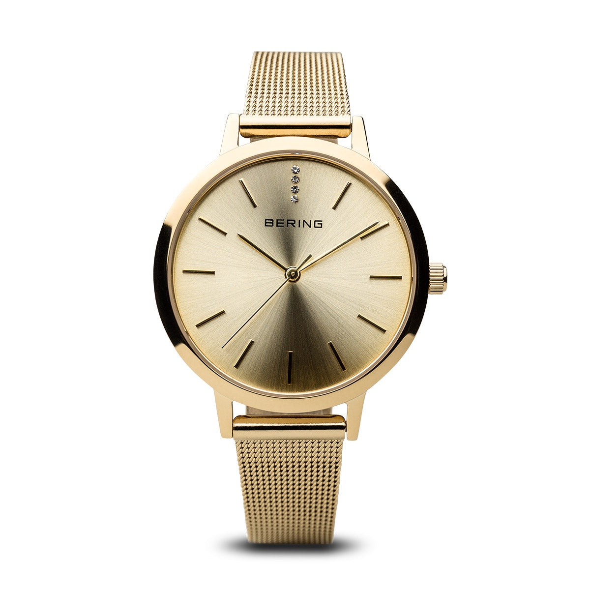 Bering Classic Ladies 34mm Round Rose Gold Case Grey Mesh Stra Watch