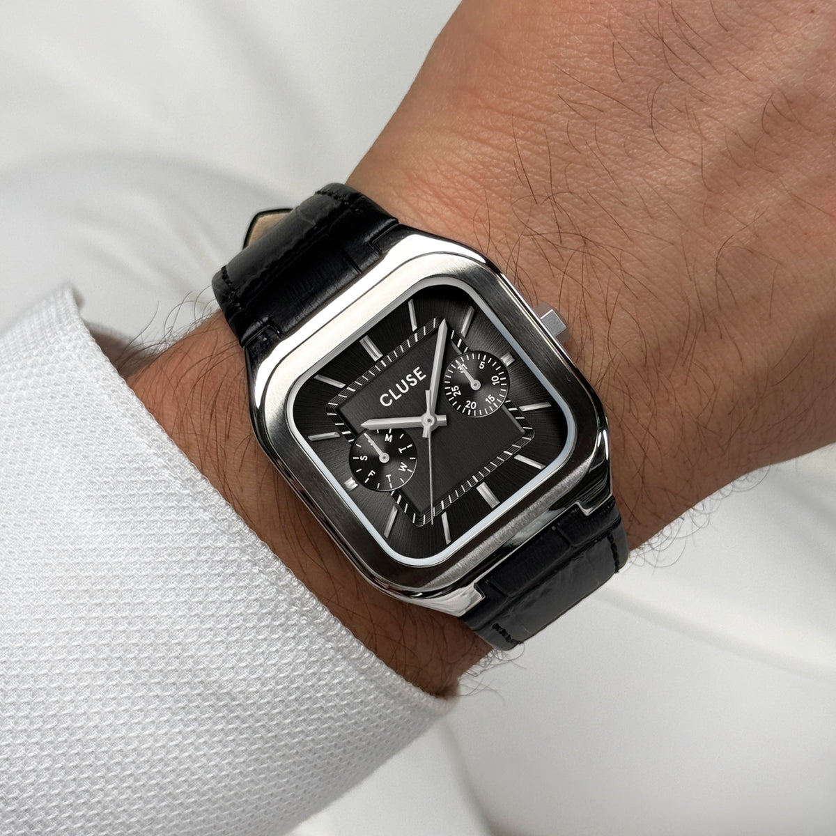 CLUSE Quadrus Multifunction Leather, Black, Silver Colour Watch CW26203