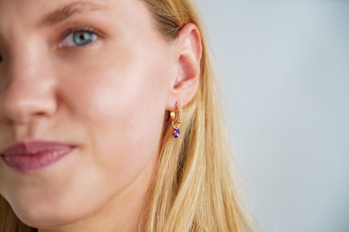 GEORGINI WISTERIA DUO PEAR EARRINGS AMETHYST CZ GOLD