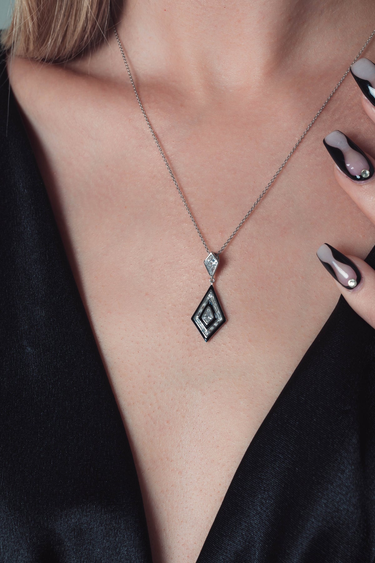 REFLECTION ART DECO PENDANT SILVER & BLACK ENAMEL