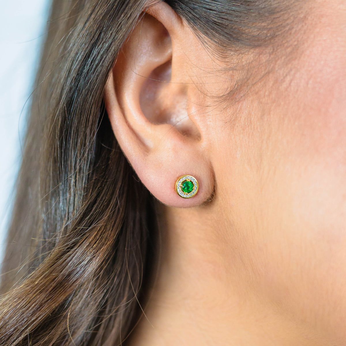 MILESTONE EMERALD HALO EARRINGS IN GOLD
