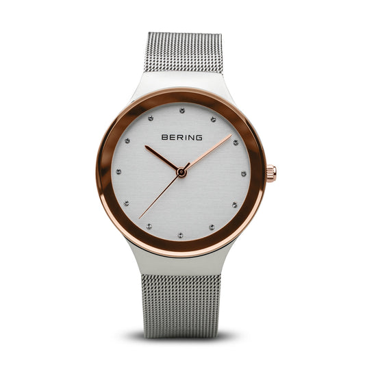 Bering Classic Polished Silver Brown Rim 34mm Watch