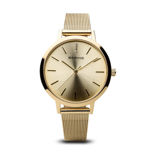 Bering Classic Ladies 34mm Round Rose Gold Case Grey Mesh Stra Watch