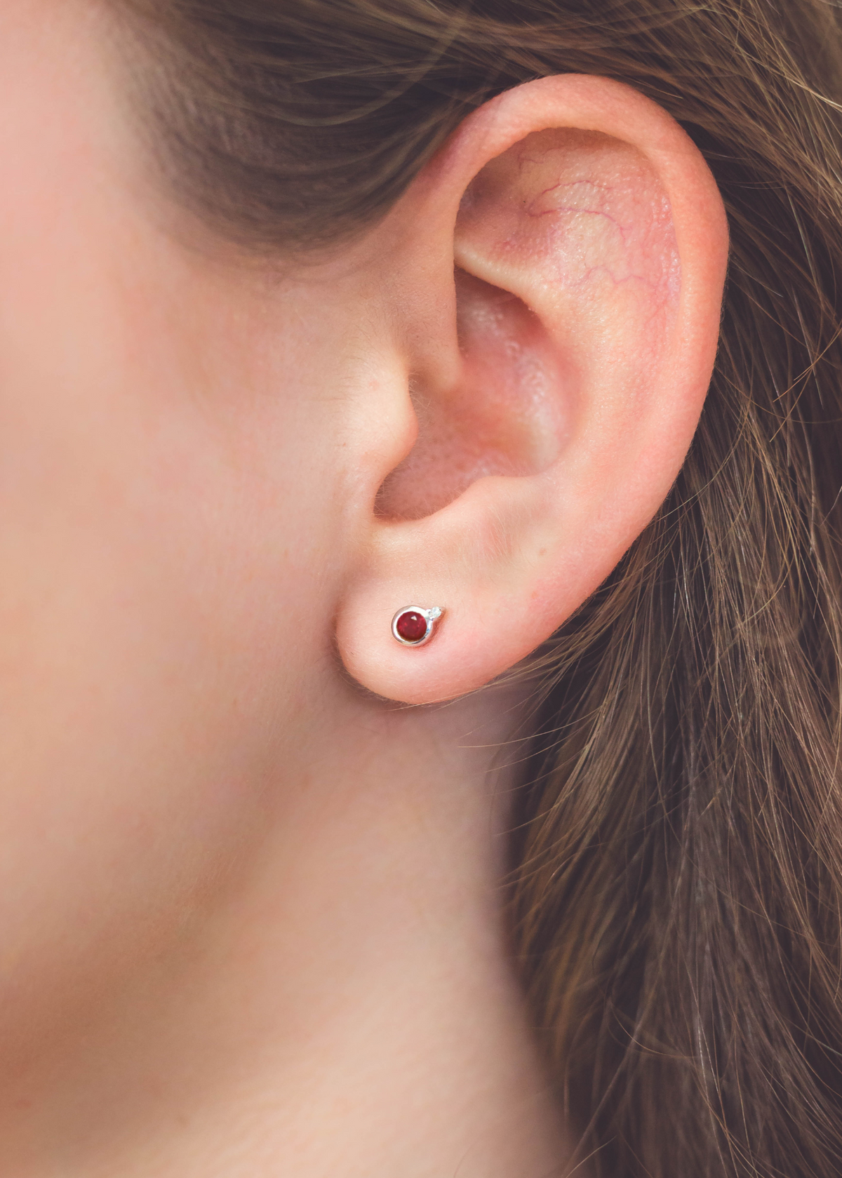 NATURAL RUBY AND TWO NATURAL DIAMOND JULY EARRINGS SILVER