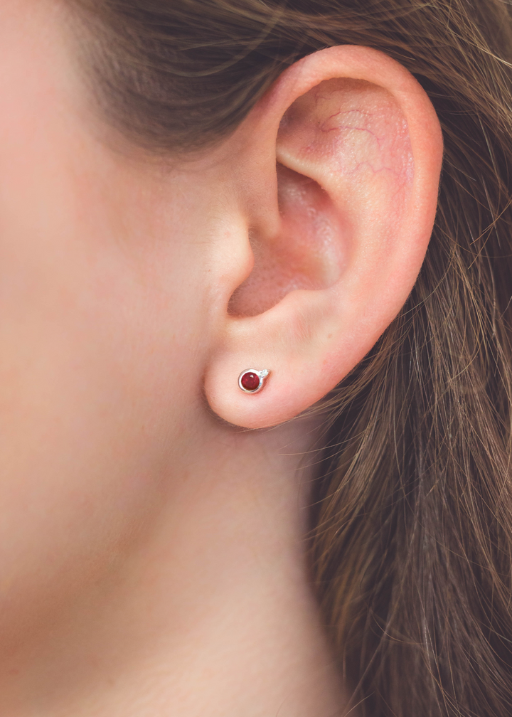 NATURAL RUBY AND TWO NATURAL DIAMOND JULY EARRINGS SILVER