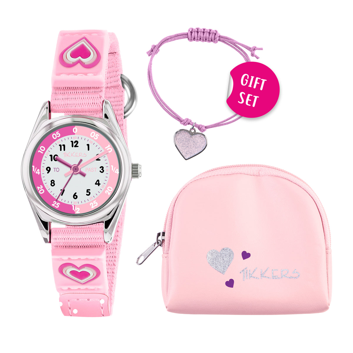 TIKKERS Pink Heart Time Watch & Bracelet Purse Gift Set