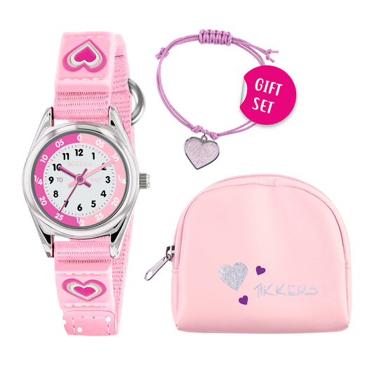 TIKKERS Pink Heart Time Watch & Bracelet Purse Gift Set