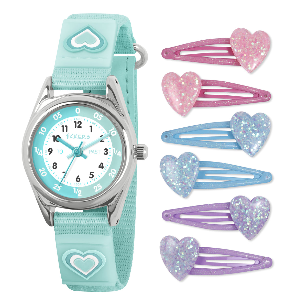 Tikkers Green Heart Velcro Watch + Hair Clips Set