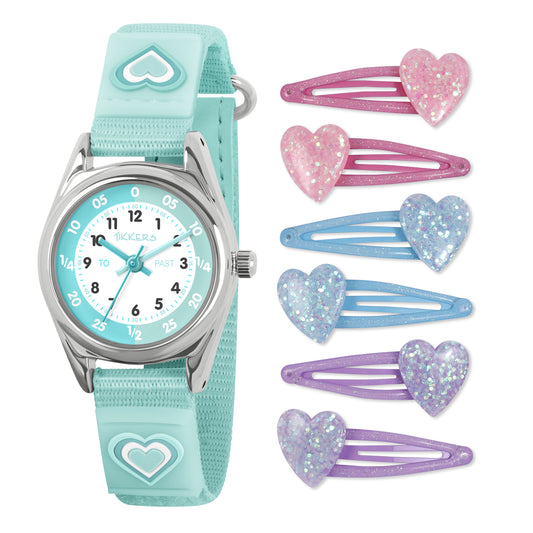 Tikkers Green Heart Velcro Watch + Hair Clips Set