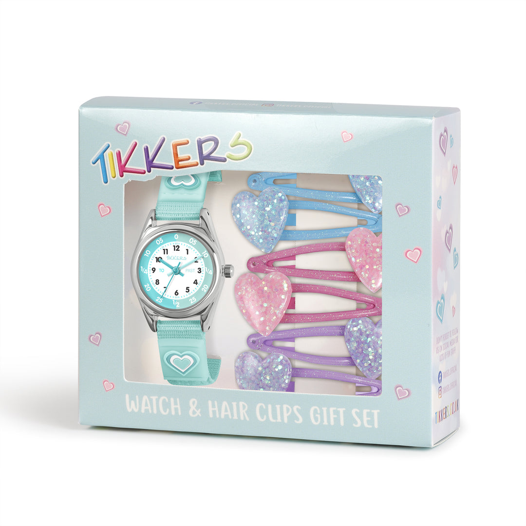 Tikkers Green Heart Velcro Watch + Hair Clips Set