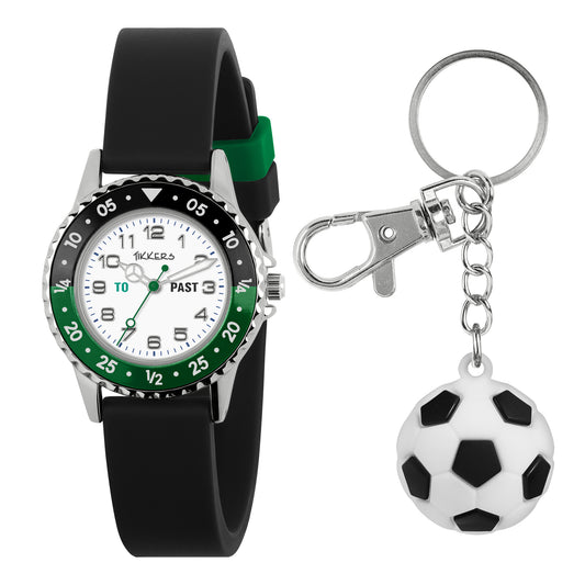 Tikkers Black/Green Dial Black Silicone Strap + Keychain