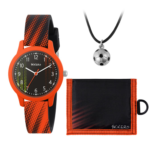 TIKKERS Black Orange Football Watch & Necklace Wallet Gift Set