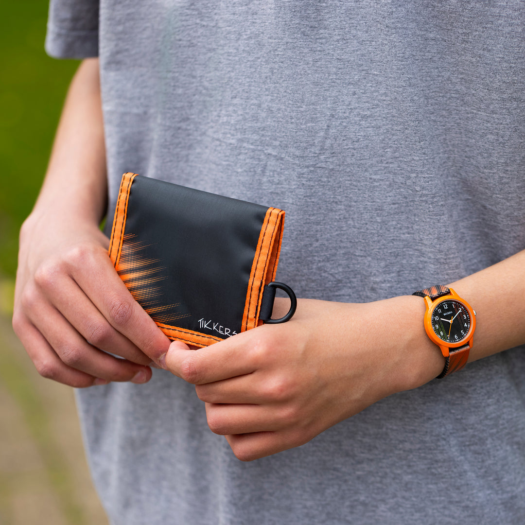 TIKKERS Black Orange Football Watch & Necklace Wallet Gift Set