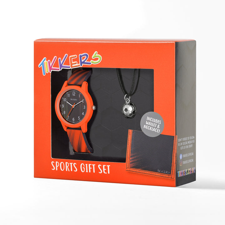 TIKKERS Black Orange Football Watch & Necklace Wallet Gift Set