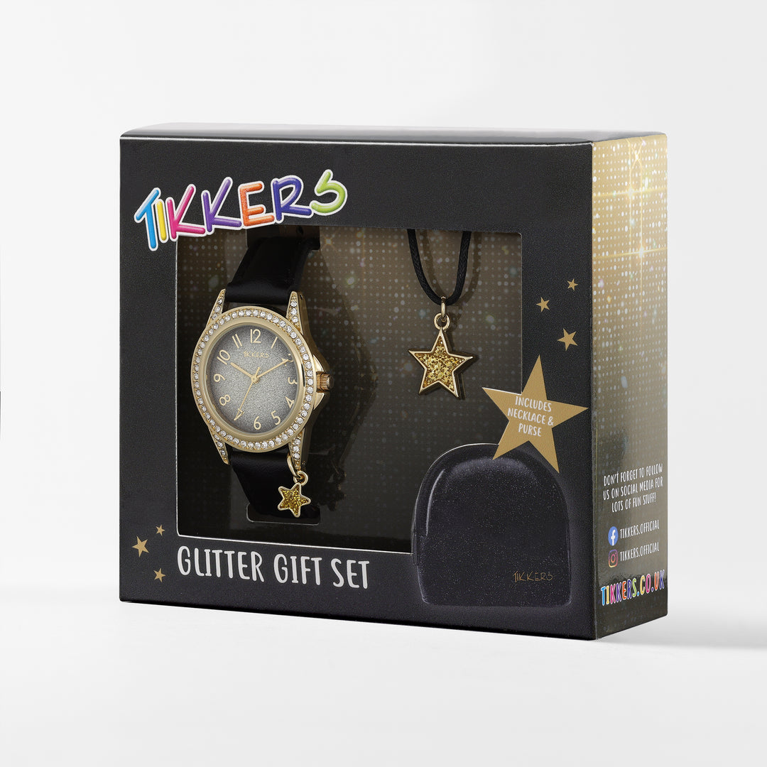 TIKKERS Black Star Watch & Necklace Purse Gift Set