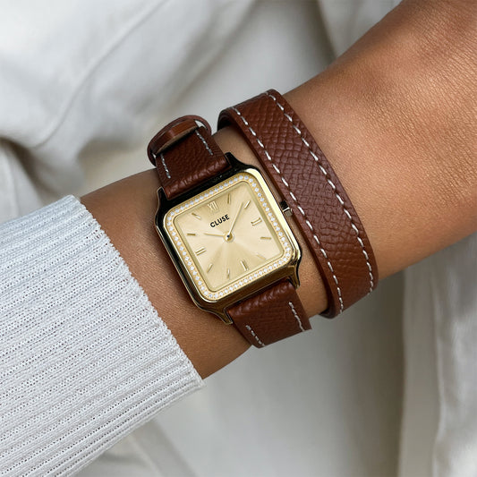 CLUSE Gracieuse Petite Double Strap Nutsell Leather/Gold Stones Watch CW11821