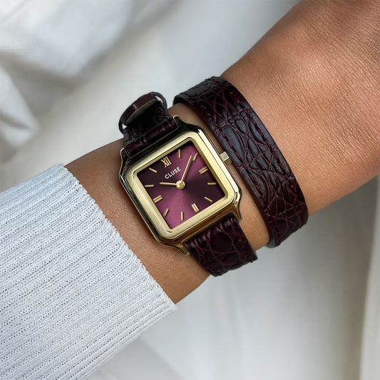 CLUSE Gracieuse Petite Double Strap Wine Croc Leather/Gold Watch CW11822