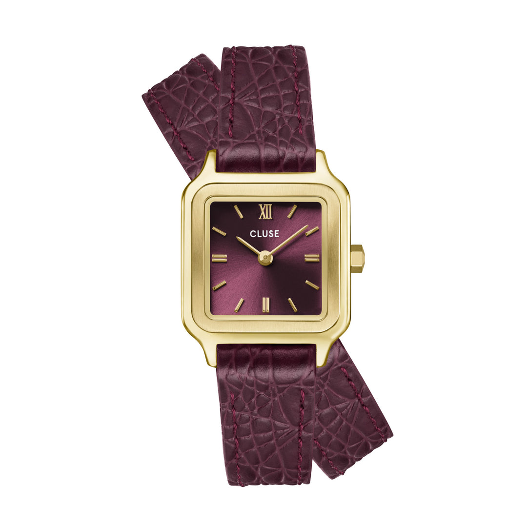 CLUSE Gracieuse Petite Double Strap Wine Croc Leather/Gold Watch CW11822