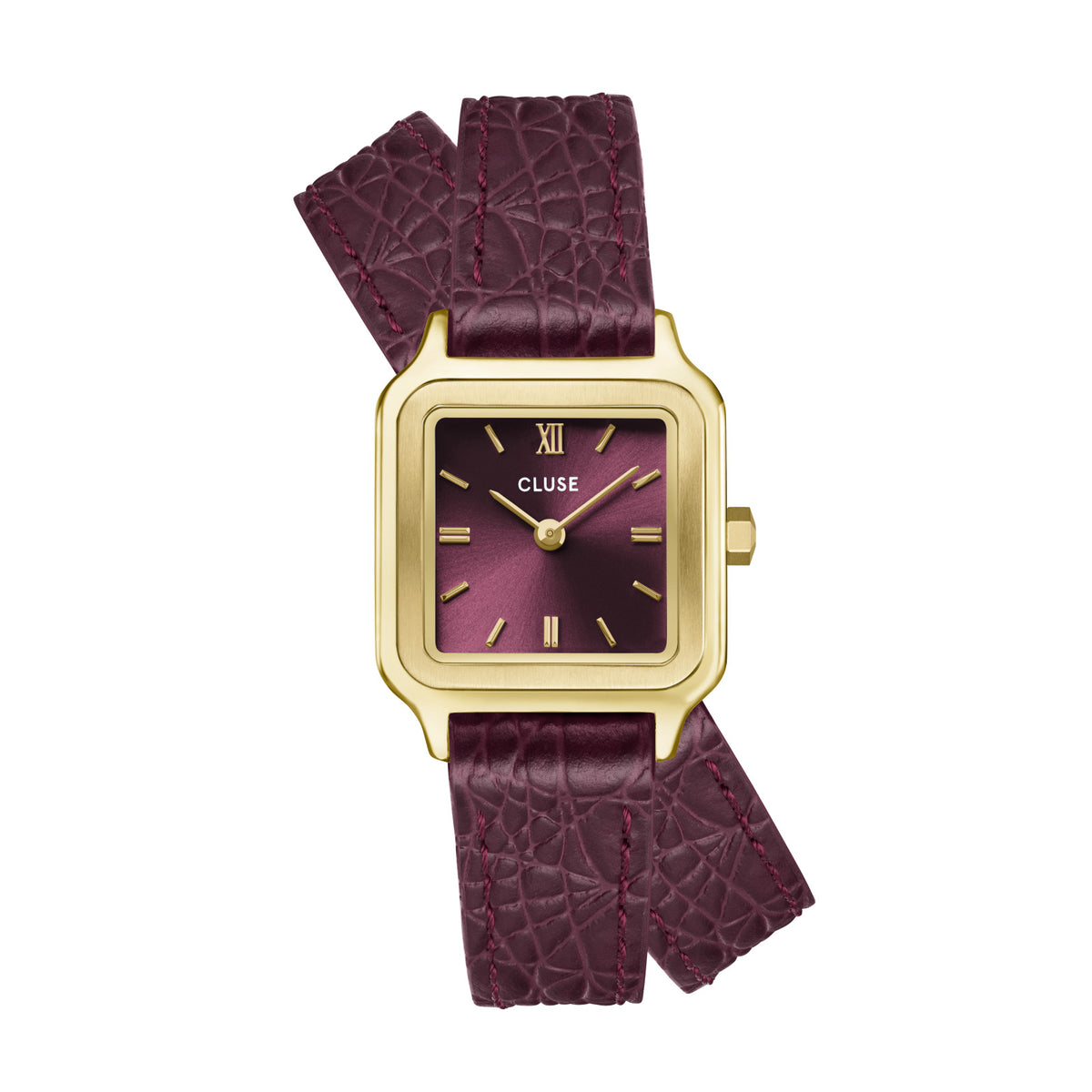 CLUSE Gracieuse Petite Double Strap Wine Croc Leather/Gold Watch CW11822