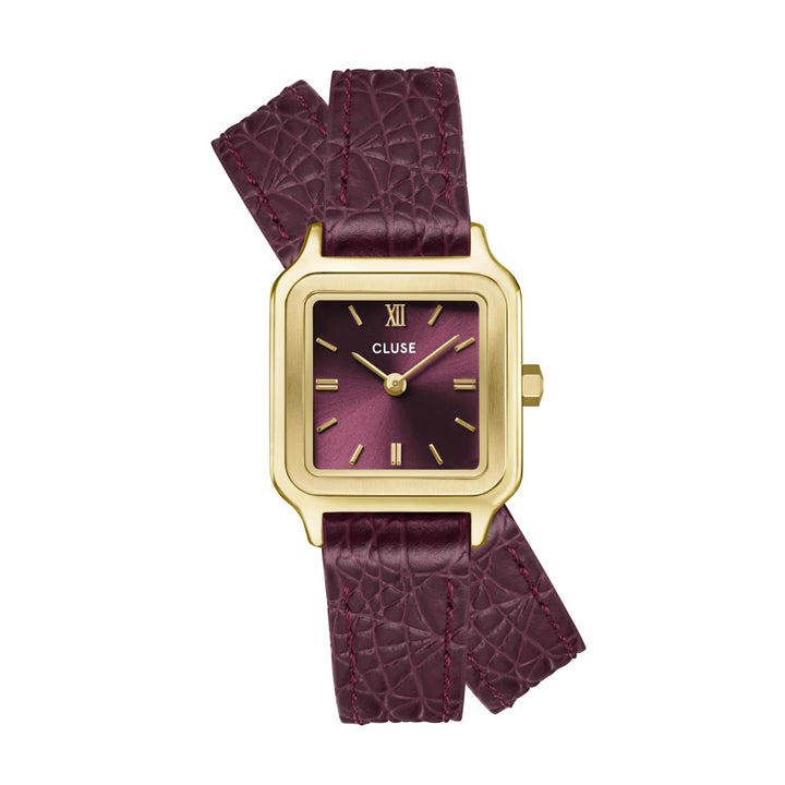 CLUSE Gracieuse Petite Double Strap Wine Croc Leather/Gold Watch CW11822
