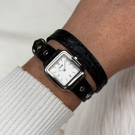 CLUSE Gracieuse Watch Double Leather Black, Studs, Silver Colour Watch CW15508