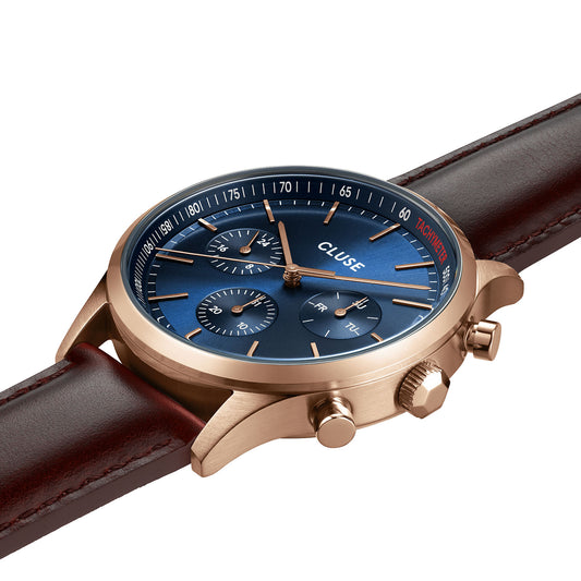 CLUSE Antheor Multifunction Rose Gold Blue/Brown Leather Watch