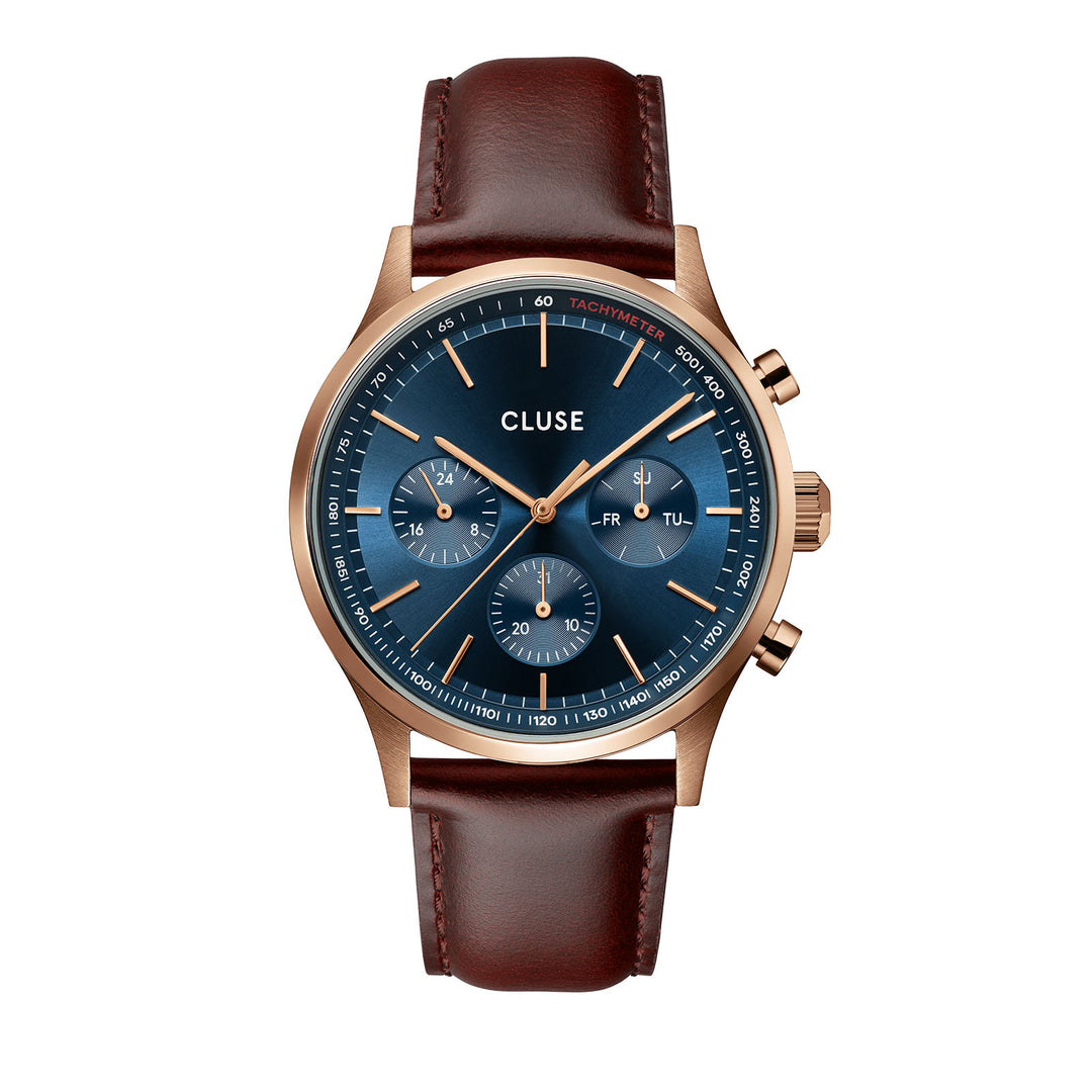 CLUSE Antheor Multifunction Rose Gold Blue/Brown Leather Watch