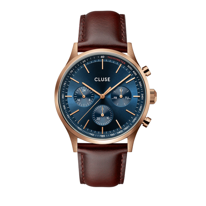 CLUSE Antheor Multifunction Rose Gold Blue/Brown Leather Watch
