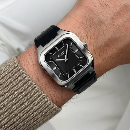 CLUSE Quadrus Black Leather/Silver Watch CW25703
