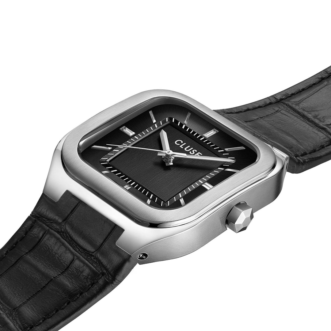 CLUSE Quadrus Black Leather/Silver Watch CW25703