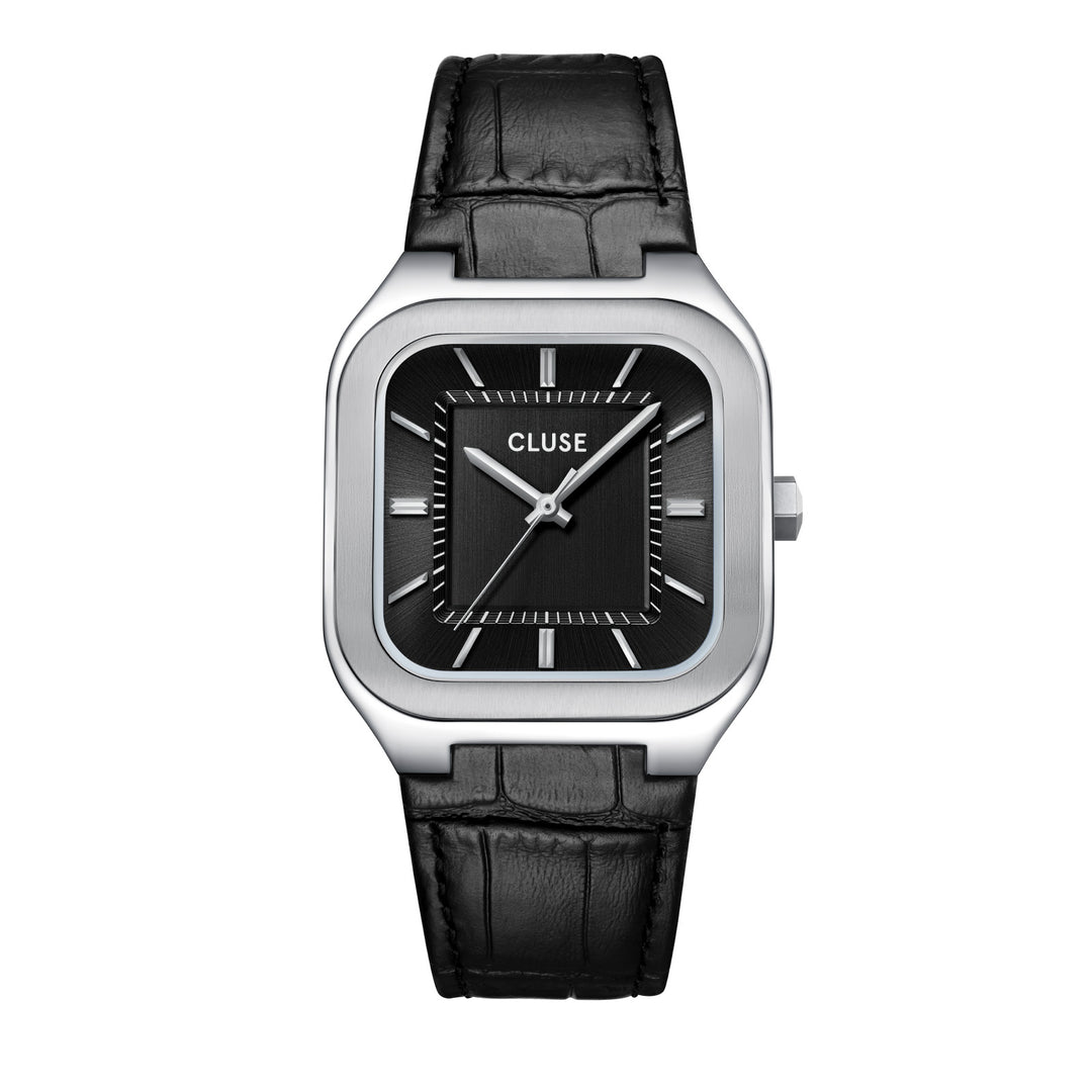 CLUSE Quadrus Black Leather/Silver Watch CW25703
