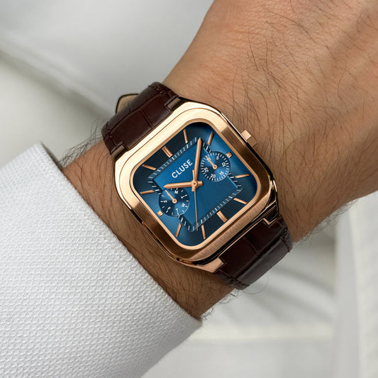 CLUSE Quadrus Multifunction Leather, Blue, Rose Gold Colour Watch CW26204