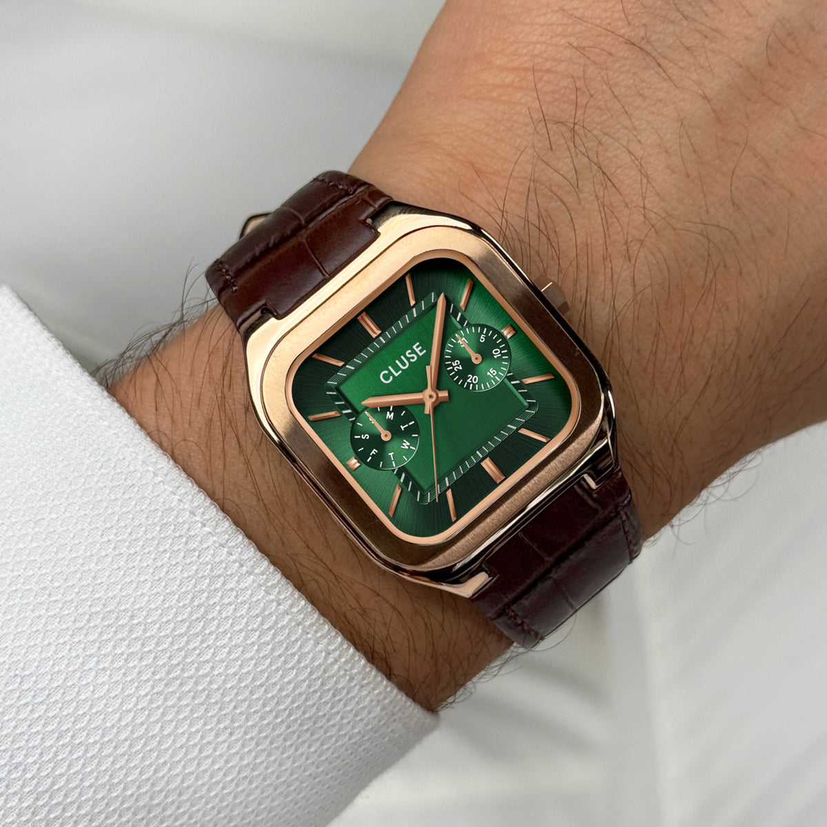 CLUSE Quadrus Multifunction Leather, Green, Rose Gold Colour Watch CW26205