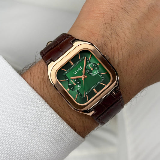CLUSE Quadrus Multifunction Leather, Green, Rose Gold Colour Watch CW26205