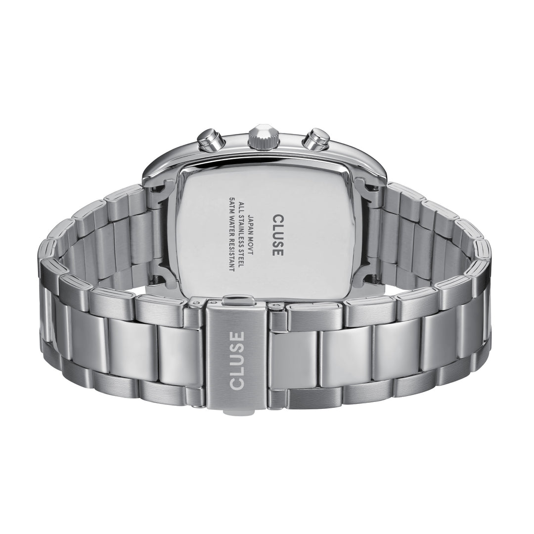 Silver Cluse watch with metal band on a white background