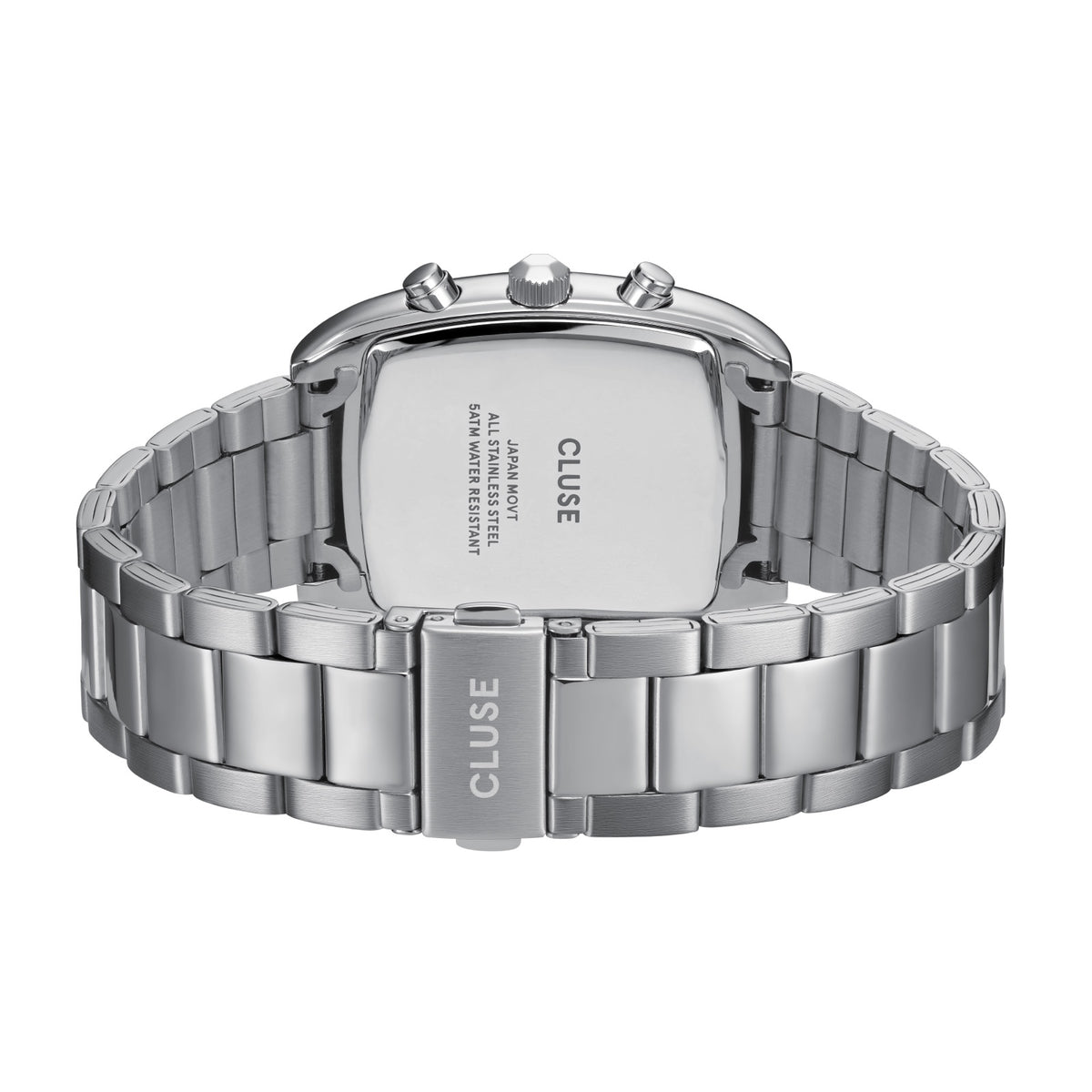 Silver Cluse watch with metal band on a white background