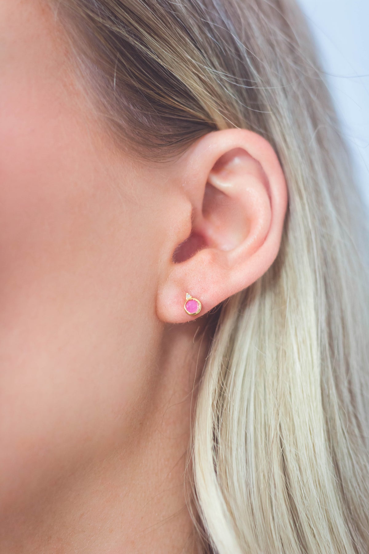 NATURAL RUBY AND TWO NATURAL DIAMOND JULY EARRINGS GOLD