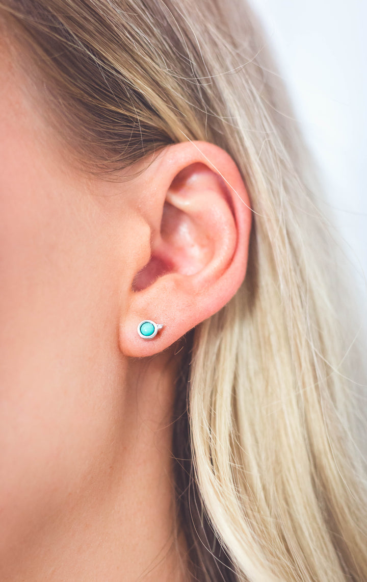 NATURAL TURQUOISE AND TWO NATURAL DIAMOND DECEMBER EARRINGS SILVER