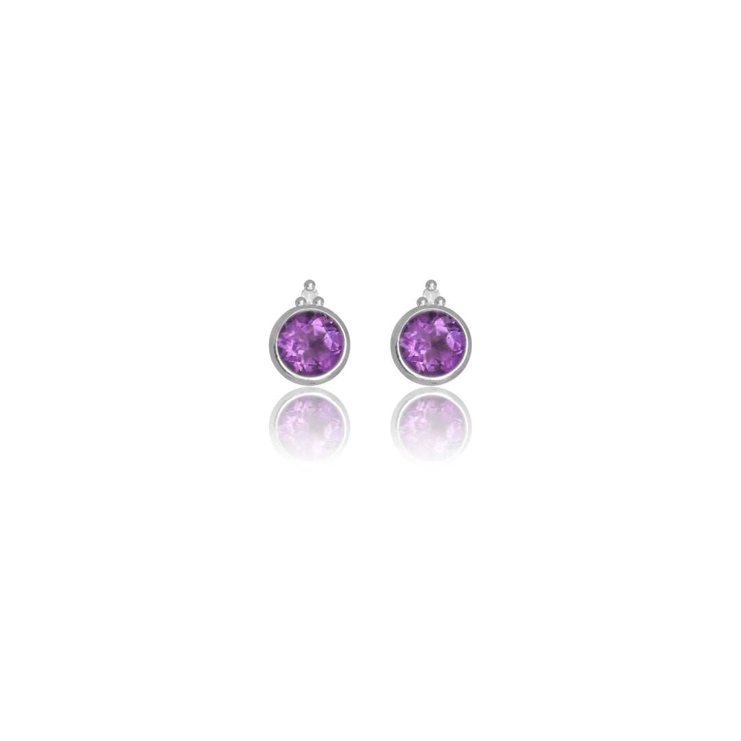 NATURAL AMETHYST AND TWO NATURAL DIAMOND FEBRUARY EARRINGS SILVER