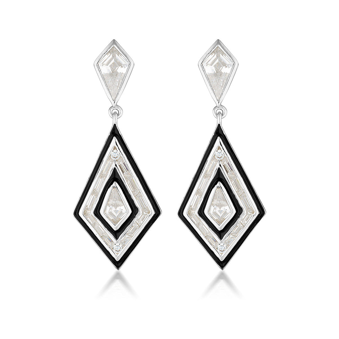 REFLECTION ART DECO EARRINGS SILVER & BLACK ENAMEL