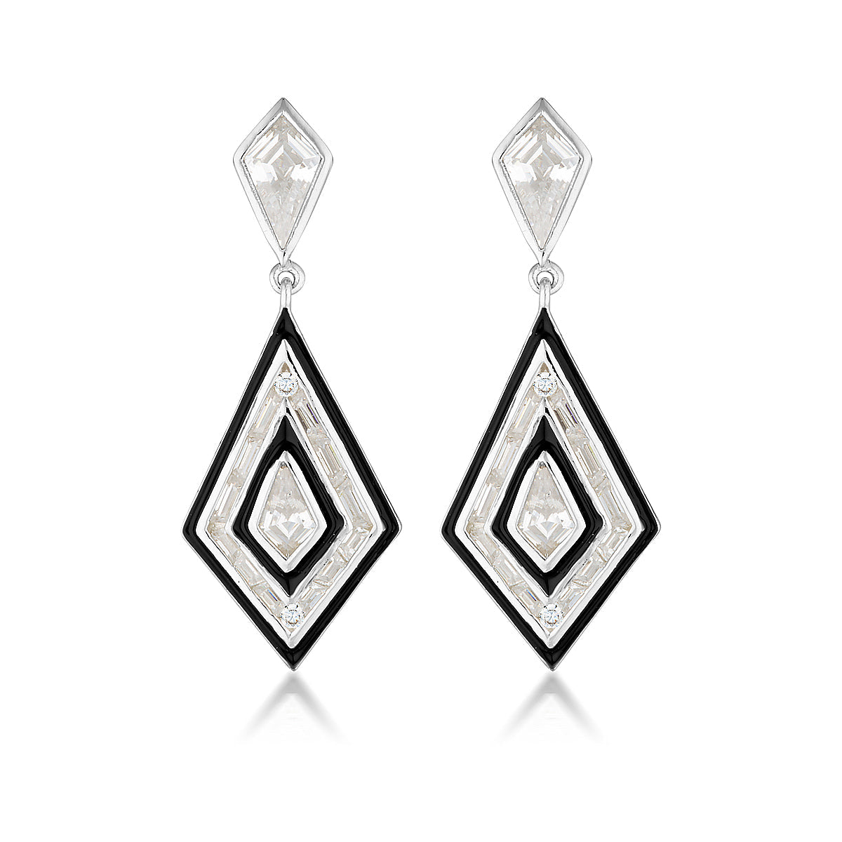 REFLECTION ART DECO EARRINGS SILVER & BLACK ENAMEL
