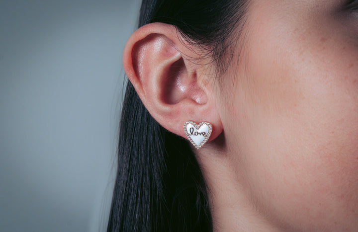 REFLECTION ENAMEL LOVE HEART STUD EARRINGS ROSE GOLD
