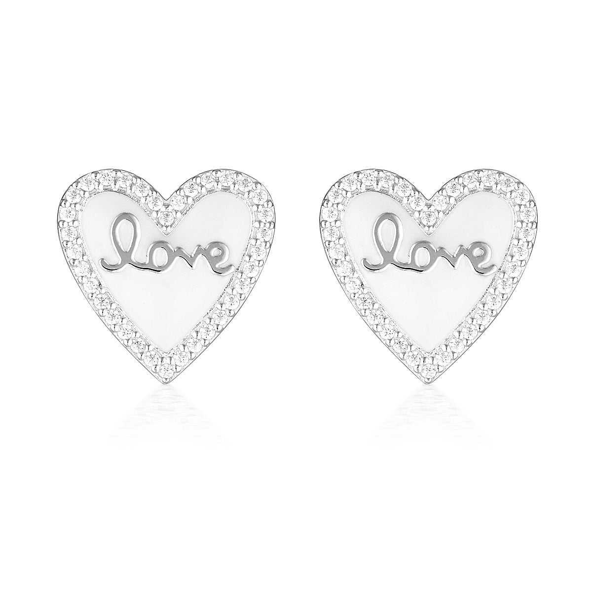 REFLECTION ENAMEL LOVE HEART STUD EARRINGS SILVER