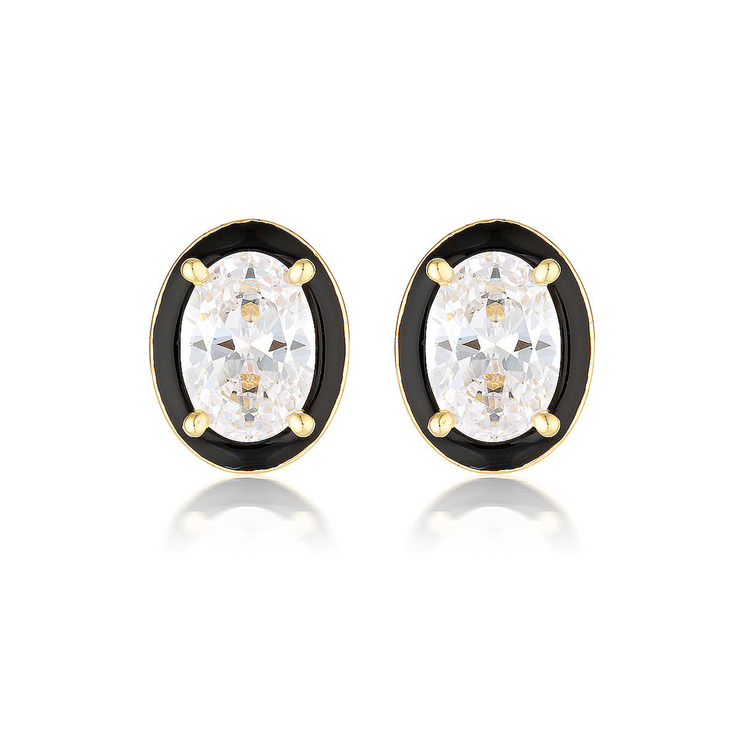 REFLECTION OVAL STUD EARRINGS GOLD & BLACK ENAMEL
