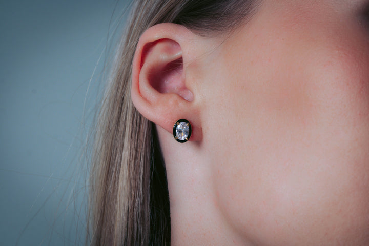 REFLECTION OVAL STUD EARRINGS GOLD & BLACK ENAMEL