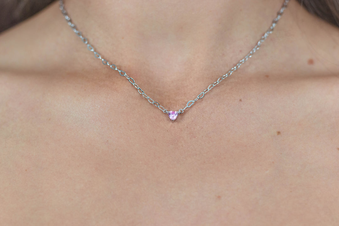 SWEETHEART HEART CHAIN NECKLACE PINK SILVER