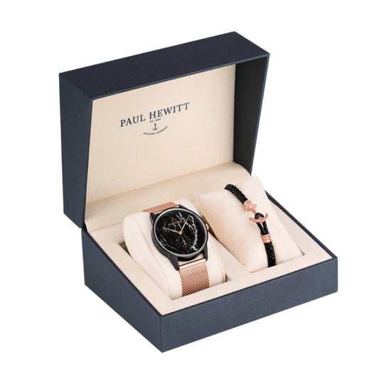 Paul Hewitt Perfect Match Black Rosegold Mesh Strap Watch and Pink Phrep Small Gift Set