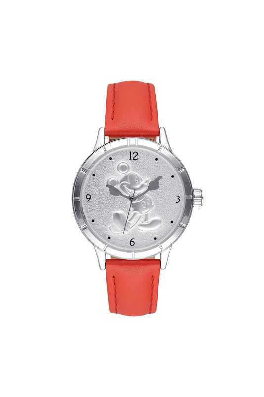 Disney Mickey's 90th Sculpted Silver Dial Red Leather Strap Watch