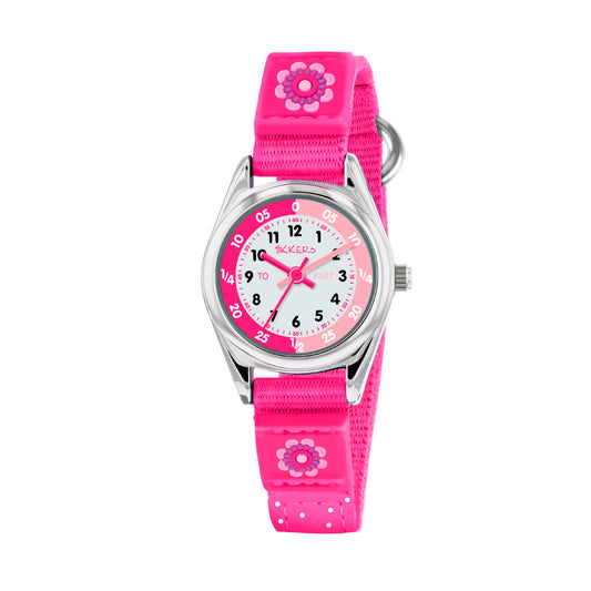 Tikkers Time Teacher Pink Flower Canvas Strap Watch