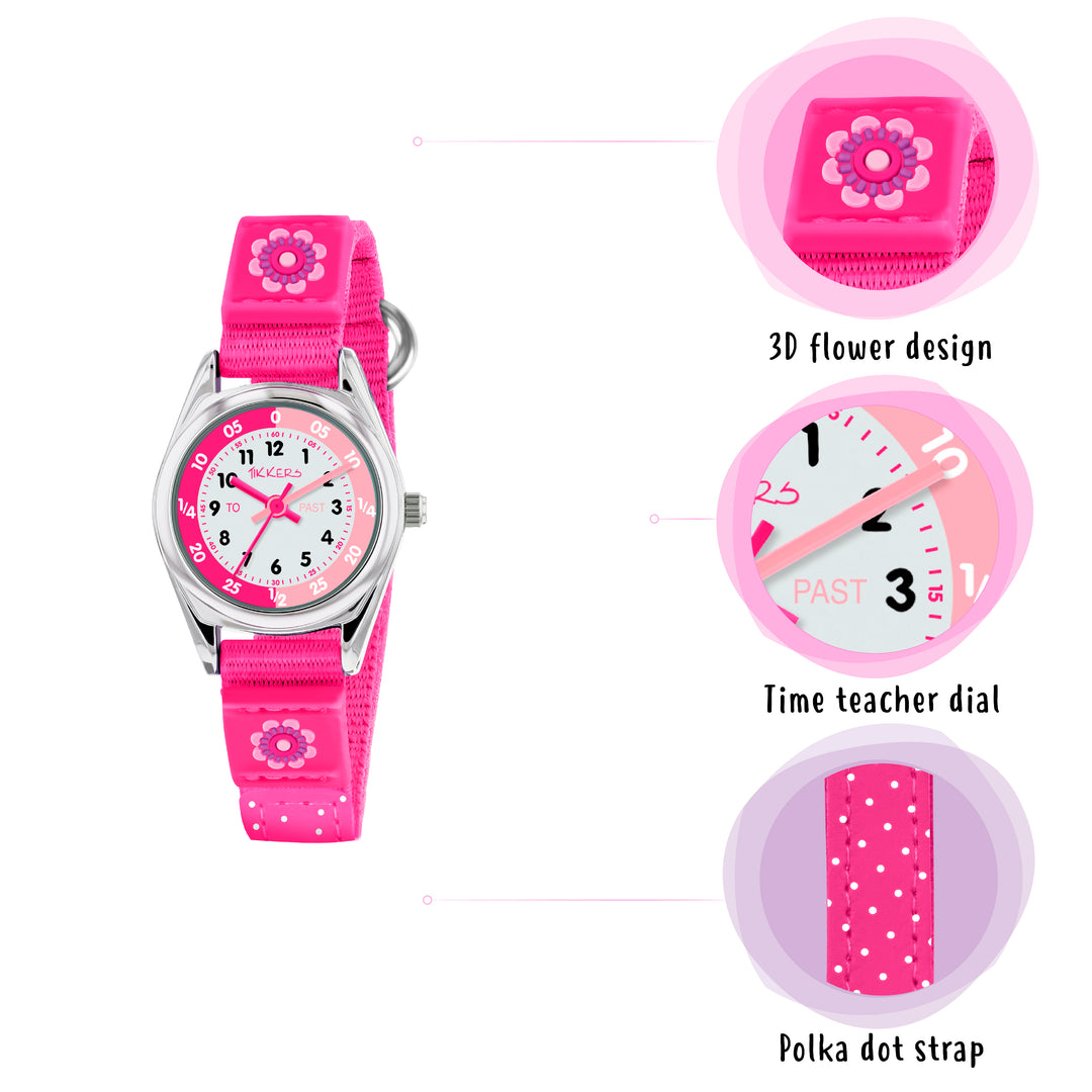 Tikkers Time Teacher Pink Flower Canvas Strap Watch